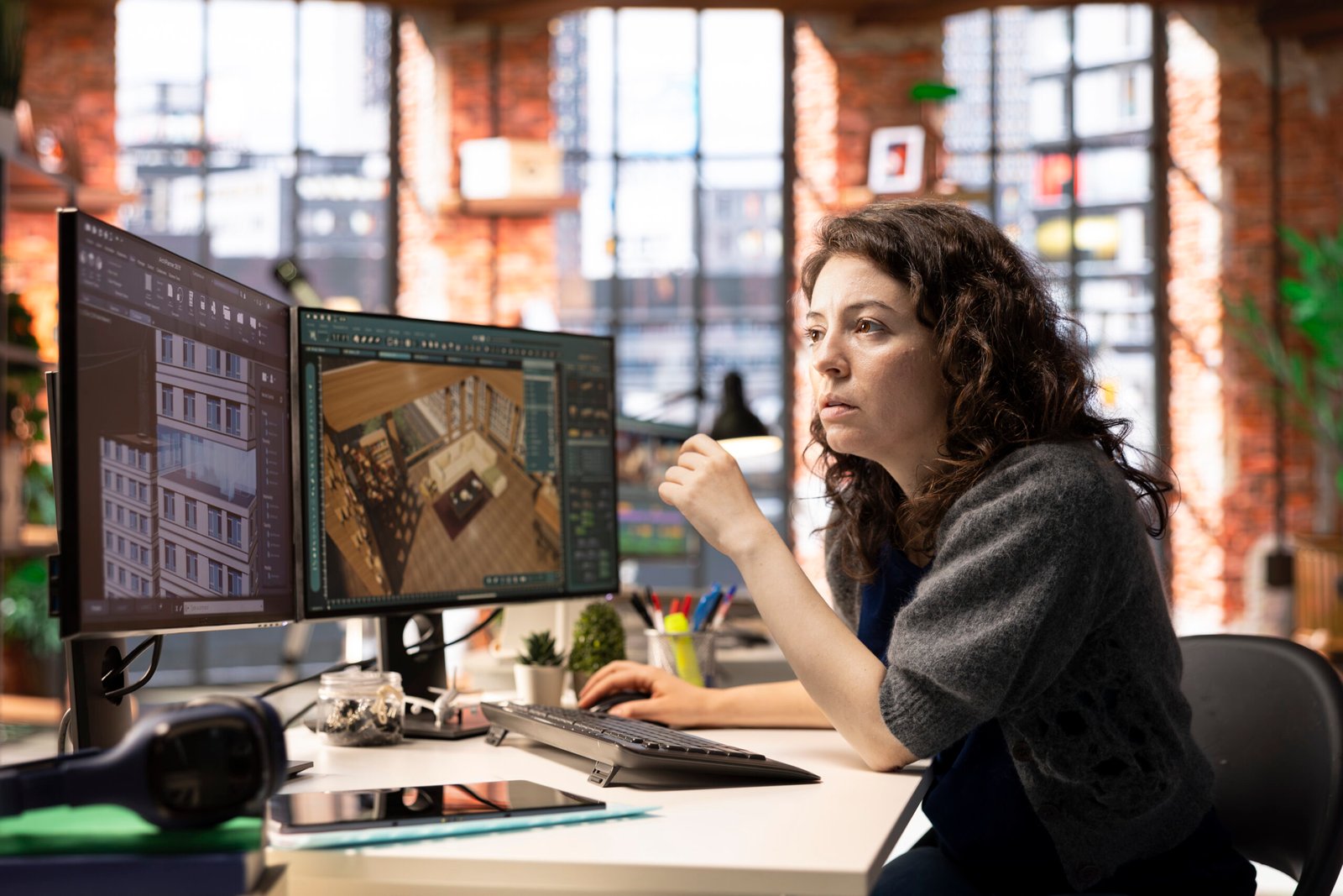 worker in a creative office uses cad software to design a house interior